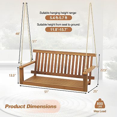 2-Seat Acacia Wood Porch Swing Bench with Hanging Ropes