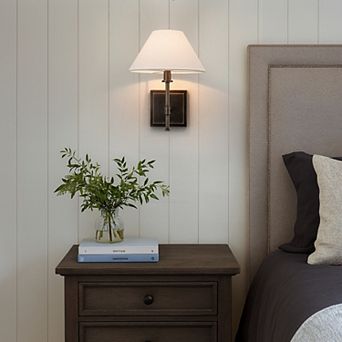 Modern Bronze 12'' Tall 1-Light Fabric Shade Wall Sconces Farmhouse White Linen Tapered Shade Sconce