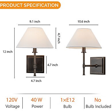 Modern Bronze 12'' Tall 1-Light Fabric Shade Wall Sconces Farmhouse White Linen Tapered Shade Sconce