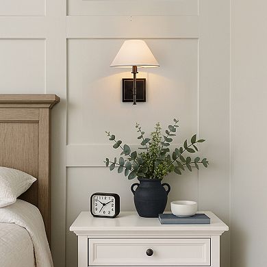 Modern Bronze 12'' Tall 1-Light Fabric Shade Wall Sconces Farmhouse White Linen Tapered Shade Sconce