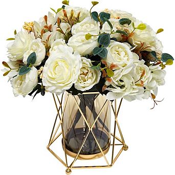 White Silk Peony Bouquet in Vase, Faux Flowers for Farmhouse Decor