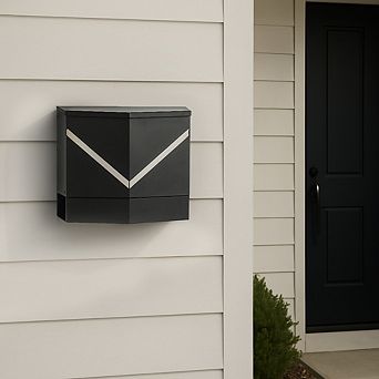 Modern Outdoor Black Metal Secure Locking Wall-Mount Mailbox With Stainless Steel V-Shape Futuristic