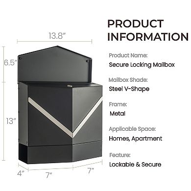 Modern Outdoor Black Metal Secure Locking Wall-Mount Mailbox With Stainless Steel V-Shape Futuristic