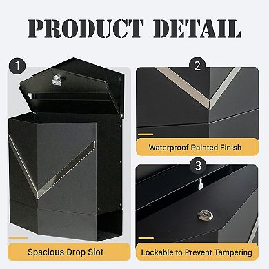Modern Outdoor Black Metal Secure Locking Wall-Mount Mailbox With Stainless Steel V-Shape Futuristic