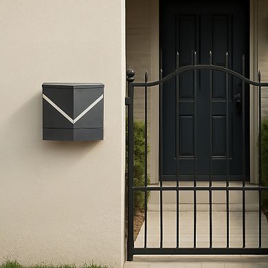 Modern Outdoor Black Metal Secure Locking Wall-Mount Mailbox With Stainless Steel V-Shape Futuristic