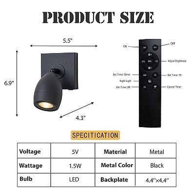 Modern Black Cordless Wall Sconce USB-C Rechargeable LED Spotlight with Touch & Remote Control