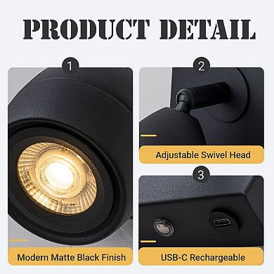Modern Black Cordless Wall Sconce USB-C Rechargeable LED Spotlight with Touch & Remote Control