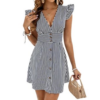 Women Flutter Sleeve V-Neck Striped Mini Dress, High Waist A-Line Summer Dress