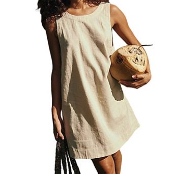 Women's Sleeveless Backless Mini Dress with Pockets - Casual Linen Blend for Summer