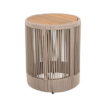 Outdoor Rattan Rope and Acacia Wood Side Table for Patio, Balcony and Garden