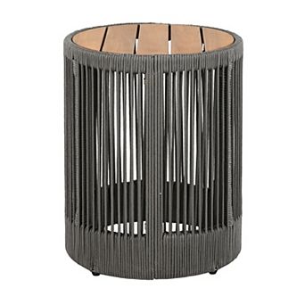 Outdoor Rattan Rope and Acacia Wood Side Table for Patio, Balcony and Garden