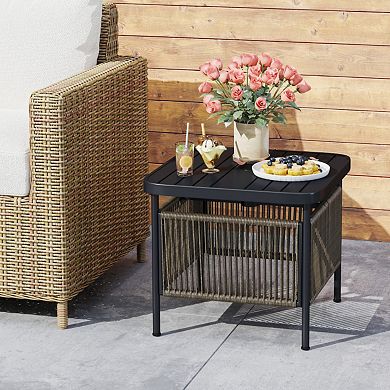 Outdoor Side Table with Umbrella Hole and Storage Shelf