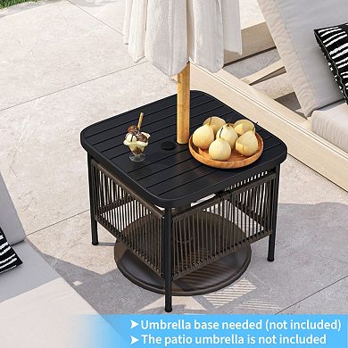 Outdoor Side Table with Umbrella Hole and Storage Shelf