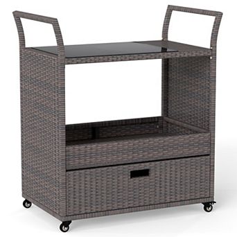 Outdoor Wicker Bar Cart with Tempered Glass Top