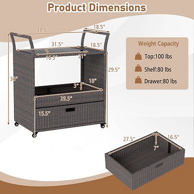 Outdoor Wicker Bar Cart with Tempered Glass Top