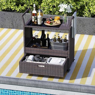 Outdoor Wicker Bar Cart with Tempered Glass Top