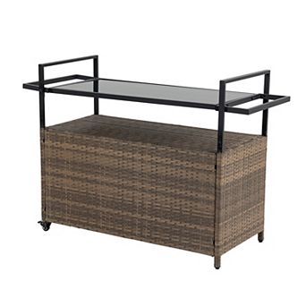 Outdoor Wicker Bar Cart with Wheels, Rattan Beverage Serving Cart with Glass Top for Patio