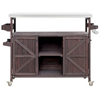 Outdoor Kitchen Island and Rolling Bar Cart, Farmhouse Solid Wood Grill Table, Stainless Steel Top