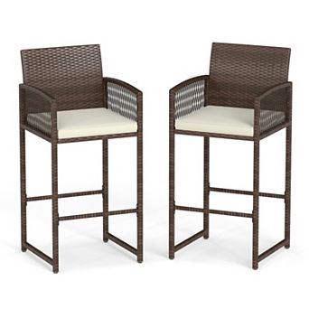 Outdoor PE Wicker Bar Stools Set of 2 with Cushions