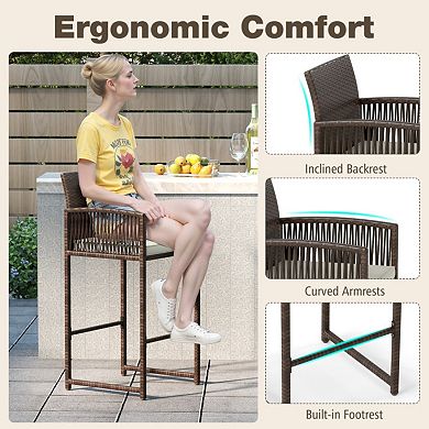 Outdoor PE Wicker Bar Stools Set of 2 with Cushions