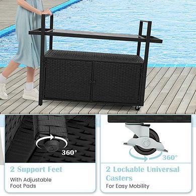 Outdoor Wicker Bar Cart with Cabinet and Hooks Serving Station