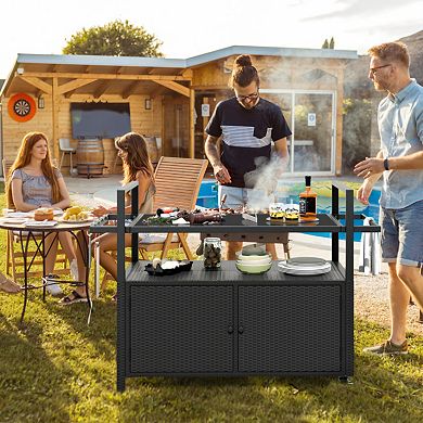 Outdoor Wicker Bar Cart with Cabinet and Hooks Serving Station