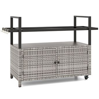 Outdoor Wicker Bar Cart with Cabinet and Hooks Serving Station