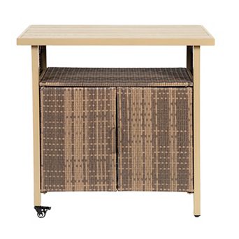 Outdoor Wicker Bar Cart with Wheels, Rattan Beverage Serving Cart with Glass Top for Patio