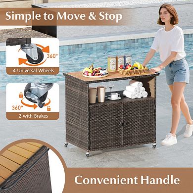 Outdoor Storage Cabinet with Acacia Wood Top and Lockable Wheels