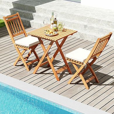 Outdoor Wood Bistro Set with Cushions and Matching Table