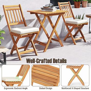 Outdoor Wood Bistro Set with Cushions and Matching Table