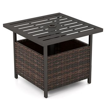 Outdoor Patio Rattan Wicker Side Table with Steel Frame for Deck and Garden