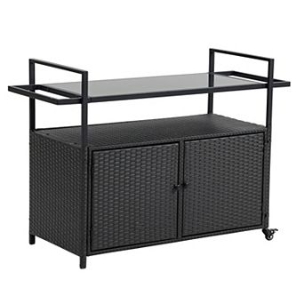Outdoor Wicker Bar Cart with Wheels, Rattan Beverage Serving Cart with Glass Top for Patio