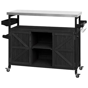 Outdoor Kitchen Island and Rolling Bar Cart, Farmhouse Solid Wood Grill Table, Stainless Steel Top