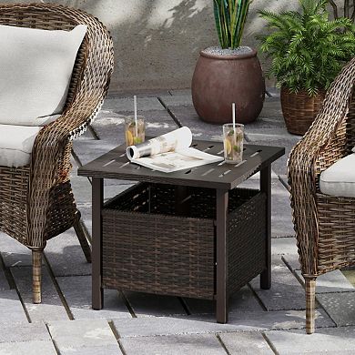 Outdoor PE Wicker Side Table with Umbrella Hole