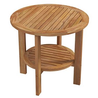 Outdoor Teak Wood Round Side Table with Slatted Shelf