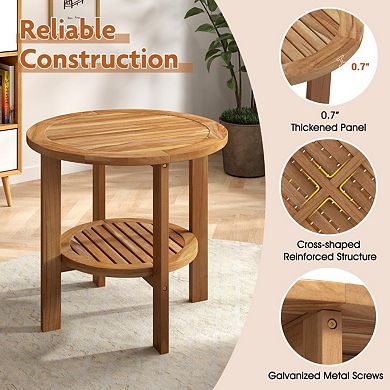 Outdoor Teak Wood Round Side Table with Slatted Shelf