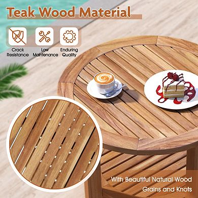 Outdoor Teak Wood Round Side Table with Slatted Shelf
