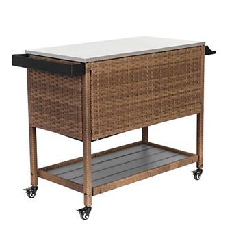 Outdoor Wicker Bar Cart with Wheels, Rattan Beverage Serving Cart with Stainless Steel Top
