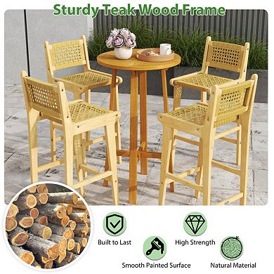 Patio Teak Wood Bar Stool with Rattan Backrest and Seat