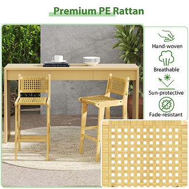 Patio Teak Wood Bar Stool with Rattan Backrest and Seat