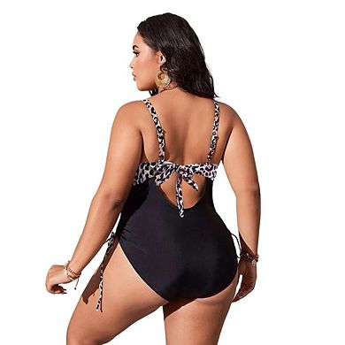Women Plus Size Leopard One Piece Swimsuit Tummy Control Front Twist Backless Bathing Suits Swimwear