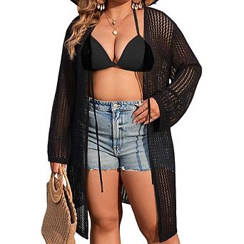 Women's Plus Size Summer Cover-Up Long Sleeve Open Knit Cardigan for Beach