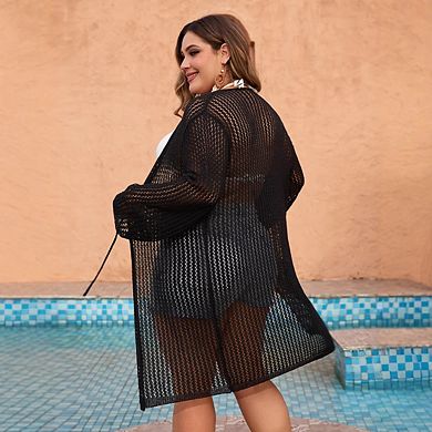 Women's Plus Size Summer Cover-Up Long Sleeve Open Knit Cardigan for Beach