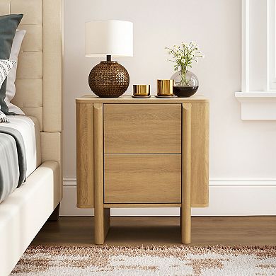 LuxenHome Mid-Century 2-Drawer Nightstand, 23.6'' Engineered Wood Accent Table in Natural Wood