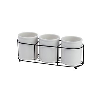Hello Honey Farmhouse Ceramic Crocks in Metal Holder, White and Black