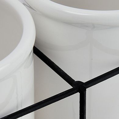Hello Honey Farmhouse Ceramic Crocks in Metal Holder, White and Black