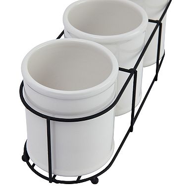 Hello Honey Farmhouse Ceramic Crocks in Metal Holder, White and Black