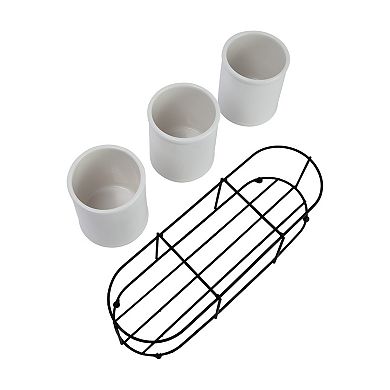 Hello Honey Farmhouse Ceramic Crocks in Metal Holder, White and Black