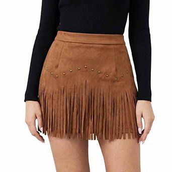 Women's Casual Sweet-Cool Fringe Faux Suede A-Line Skirt Vintage Mini Skirt